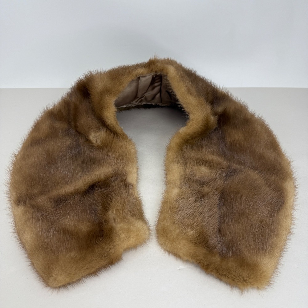 Vintage Genuine Mink Fur Collar Wrap Honey Brown Satin Lined Stole Accessory